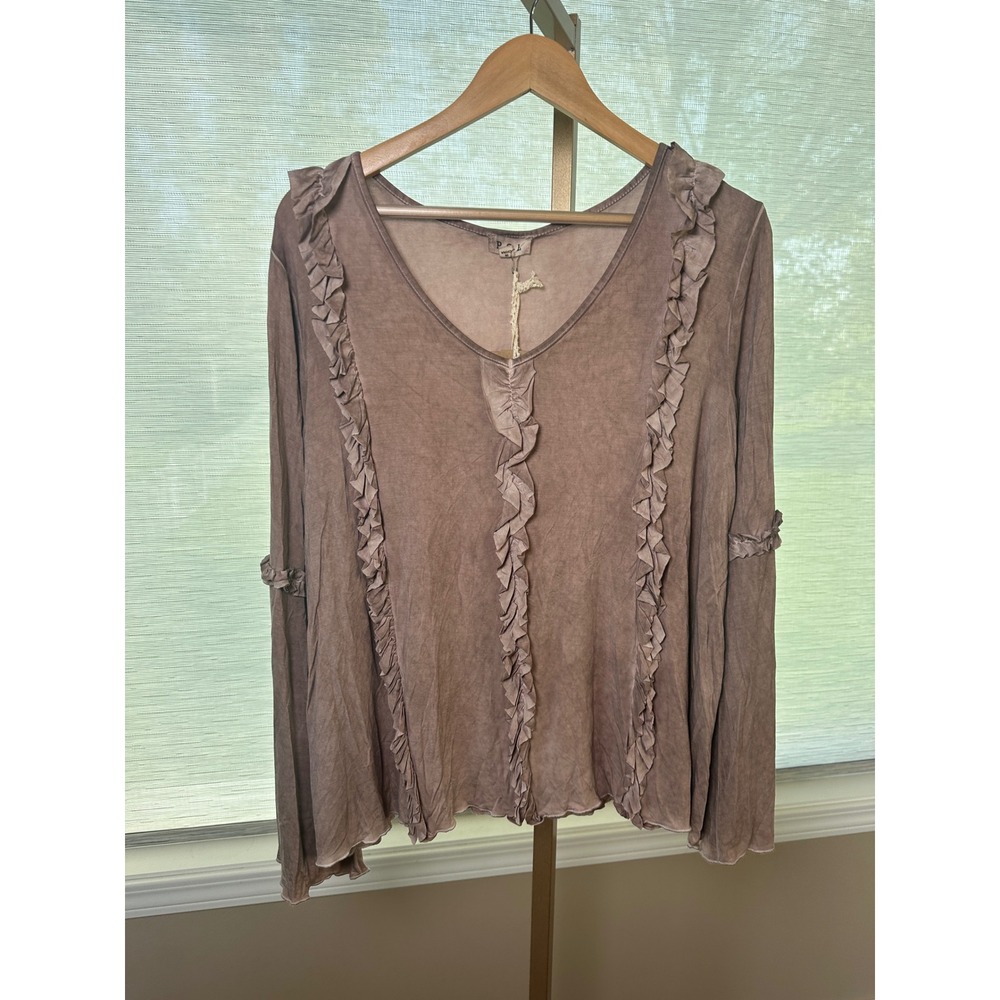 POL Womens Top Small Brown‎ Long Sleeve Ruffle V Neck Blouse New with Tags